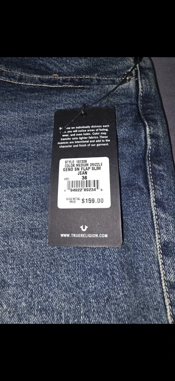 True Religion Men's Geno Slim Fit Straight Jeans Size 36x32 Sku 162 NWT
